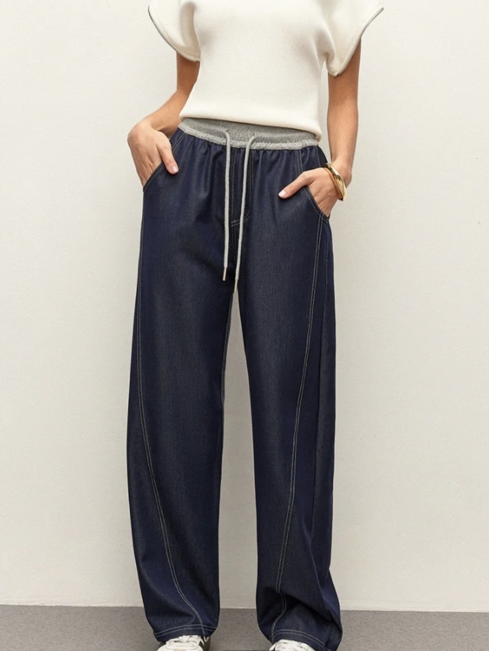 Commense High Waist Drawstring Denium Pants Wide Leg Pockets M - Picture 9 of 9